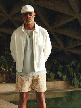 Kith “Deconstructed Bandana” swim trunks in Canvas beige